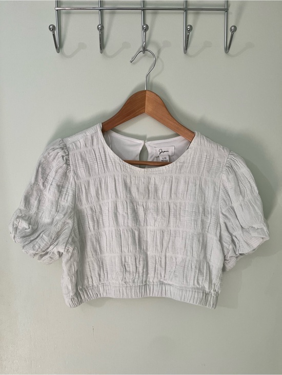 Japna Tops - Japna White Textured 💯 Cotton Exterior Puff-Sleeve Crop Top
